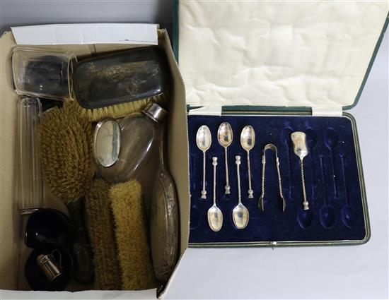 Mixed silver and other items including toilet bottle, brushed, spoons and condiment.